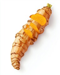 Fresh turmeric root sliced, displaying its bright orange interior with a textured, earthy exterior.