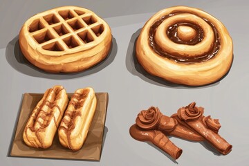 Delicious baked treats including waffles, cinnamon rolls, and chocolate pastry, arranged artistically on a sleek surface.