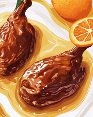 Deliciously glazed duck legs served with orange slices, highlighting a rich sauce and vibrant colors.