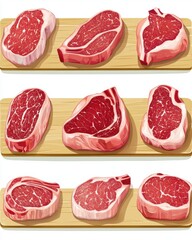 An assortment of raw beef cuts arranged on wooden boards, showcasing rich marbling and vibrant red hues.