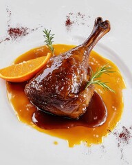 Succulent roasted duck leg on a rich glaze, garnished with rosemary and orange slice, offering gourmet appeal.