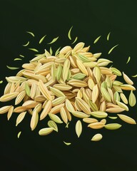 A close-up of a diverse pile of colorful fennel seeds against a dark background.