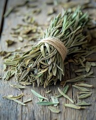 A rustic bundle of dried rosemary tied with twine, surrounded by scattered leaves on a weathered wooden surface.