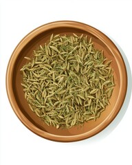 A close-up of dried fennel seeds in a brown clay bowl, showcasing their unique texture and earthy tones.