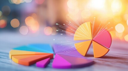 A detailed business report with colorful pie charts and graphs, presenting key performance indicators.