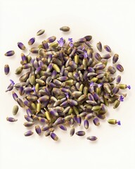 A vibrant assortment of lavender buds showcasing their rich purple hues and green accents, arranged artistically.