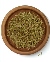A wooden bowl filled with fragrant fennel seeds, showcasing their earthy tones and rich texture.