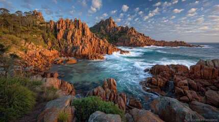 Sunlit coastal scene with dramatic red rock formations, a tranquil cove, and crashing turquoise waves under a partly cloudy sky
