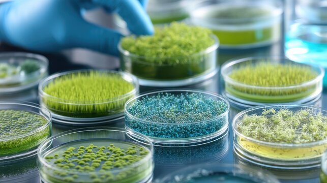 Scientific research on microalgae cultivation in petri dishes laboratory environment close-up view innovative approach