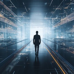 Obraz premium Man walks into a futuristic digital data tunnel of light