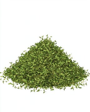 A vibrant pile of fresh green thyme leaves, showcasing their delicate texture and rich color, perfect for culinary use.
