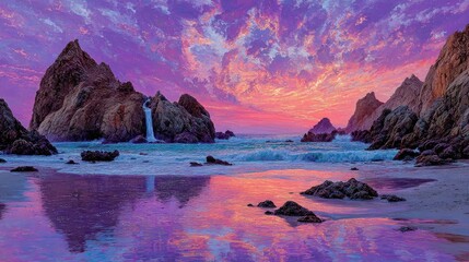 Vibrant sunset over a secluded cove with dramatic rock formations, a small waterfall, and tranquil ocean reflecting the colorful sky