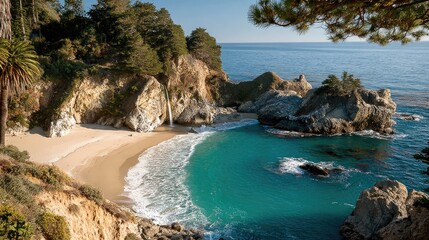 Secluded cove with cascading waterfall onto a sandy beach, surrounded by lush greenery and dramatic cliffs, bathed in sunlight