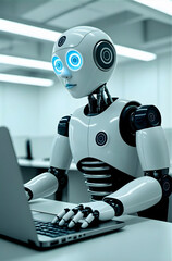 Fototapeta premium A humanoid robot with a sleek white and black design is seated at a desk, interacting with a laptop. Its large, blue-lit eyes and joints hint at advanced technology.