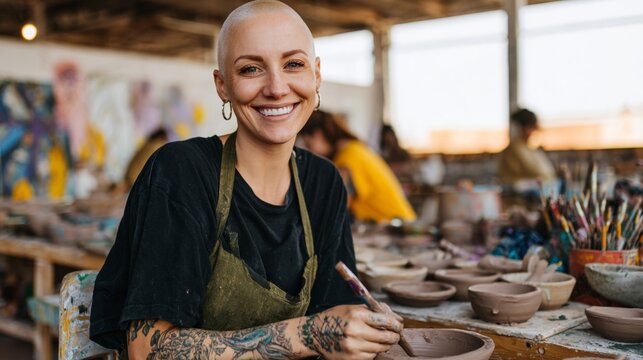 Tattooed artist at pottery studio.