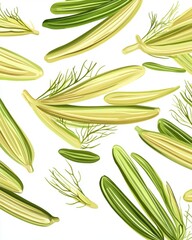 Vibrant green and yellow vegetables artistic composition on a white background, showcasing fresh natural produce.