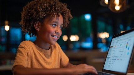 A young child using a laptop at a restaurant table.