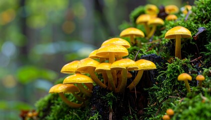 Cluster of vibrant yellow mushrooms on mossy forest floor