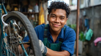 Man working on bicycle in workshop.