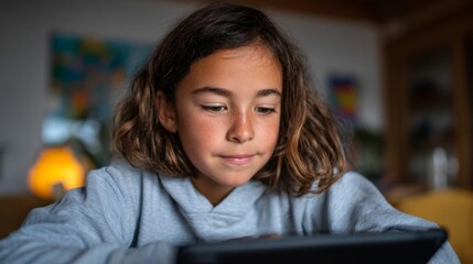 Young girl using laptop at home.