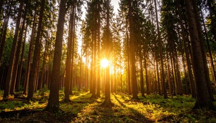 Fototapeta premium Sunlight streams through a dense forest (1)
