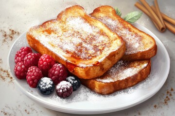Delicious golden French toast served with fresh raspberries and blueberries, topped with powdered sugar and syrup.
