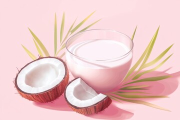 Coconut milk in a glass bowl, surrounded by coconut halves and green palm leaves on a soft pink background.