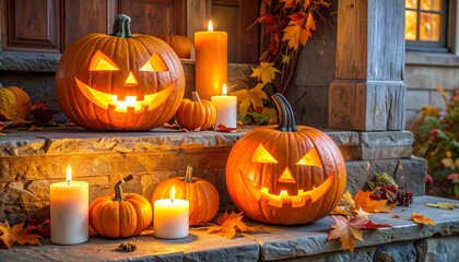 Obraz premium Jack-o'-lanterns with spooky carved faces rest on a fence for a Halloween celebration