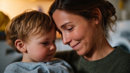 Woman holding child in kitchen.