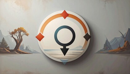 Modern graphic illustration of a unique gender symbol, blending masculine and feminine aspects, set in a tranquil, minimalist natural environment, reflecting balance and diversity