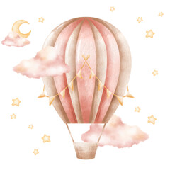 Watercolor composition for the design of a children's room in soft colors with a balloon, stars and clouds isolated.