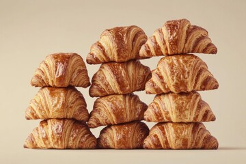 A delicious stack of freshly baked croissants, golden brown and flaky, creating a tempting display of bakery treats.
