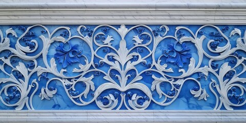 Striking blue decorations adorn the wall, adding charm and character.
