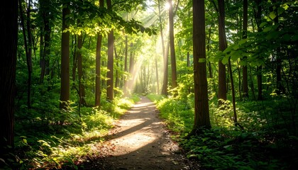 Obraz premium Sunlight streams through a forest path