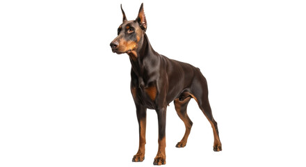 Isolated Doberman pinscher standing at attention, looking to left side, muscular, cropped dog