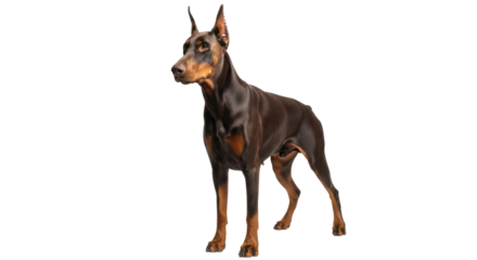 Isolated Doberman pinscher standing at attention, looking to left side, muscular, cropped dog