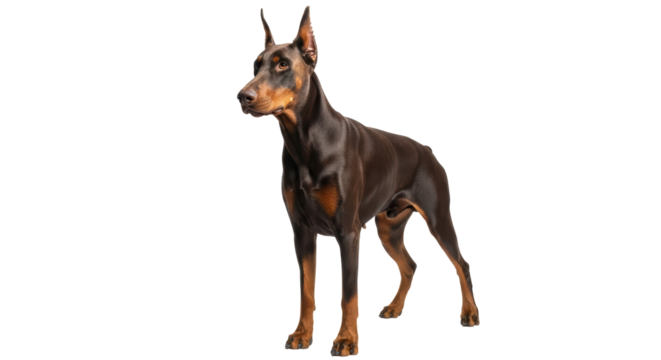 Isolated Doberman pinscher standing at attention, looking to left side, muscular, cropped dog