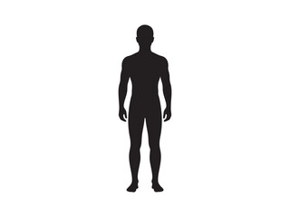 Black silhouette of man standing front view, simple human body shape vector icon on white background

