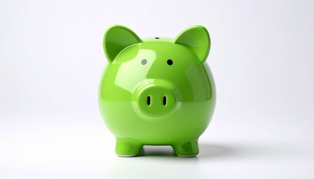 A bright green piggy bank sits centered on a white backdrop, symbolizing saving and financial planning