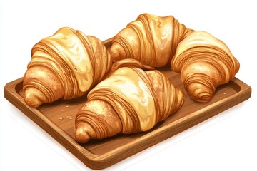 Freshly baked golden-brown croissants on a wooden tray, showcasing their flaky texture and buttery sheen.