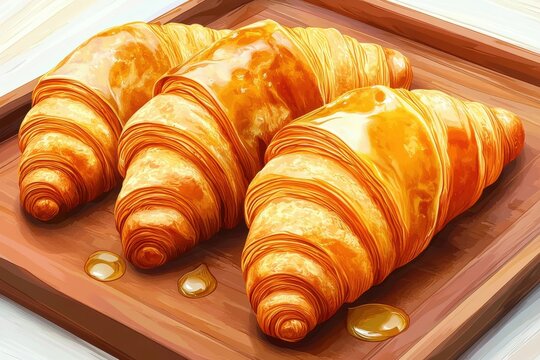 Freshly baked golden croissants glistening with butter on a wooden platter. - Powered by Adobe