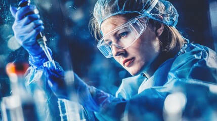 Scientific research event lab technician conducting experiments in a modern science facility under high-tech conditions