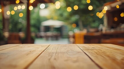 Wooden table background with restaurant ambiance.