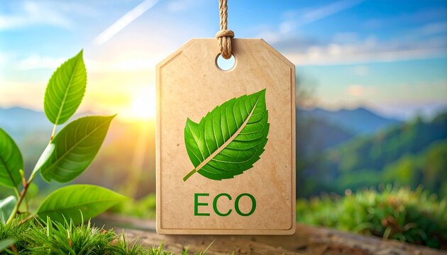Eco-friendly product tag in nature with a green leaf symbol and sunlight