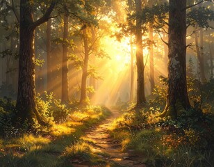 Obraz premium Golden sunlight streams through a tranquil forest path, illuminating a scene of serene beauty.