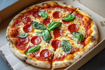 Freshly baked pizza in a box