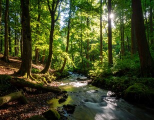Obraz premium Sunlight streams through a lush forest (1)
