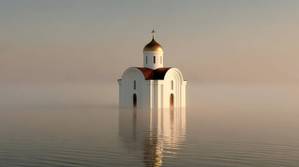 Flooded Church in Mist: A serene church, partially submerged in calm water, stands against a soft, misty backdrop. The image evokes a sense of tranquility and resilience.