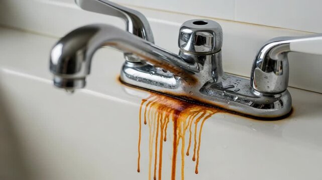 Dirty faucet with rust stains on porcelain sink. Dirty faucet is dripping and causing a build up of orange rust stains. Concept of dirty faucet, plumbing issues,