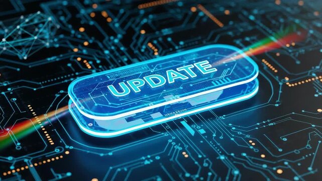 Glowing update button with digital circuit backdrop. Update button symbolizes process of modernization in technology. Update process concept for software and security, showcasing system enhancement,